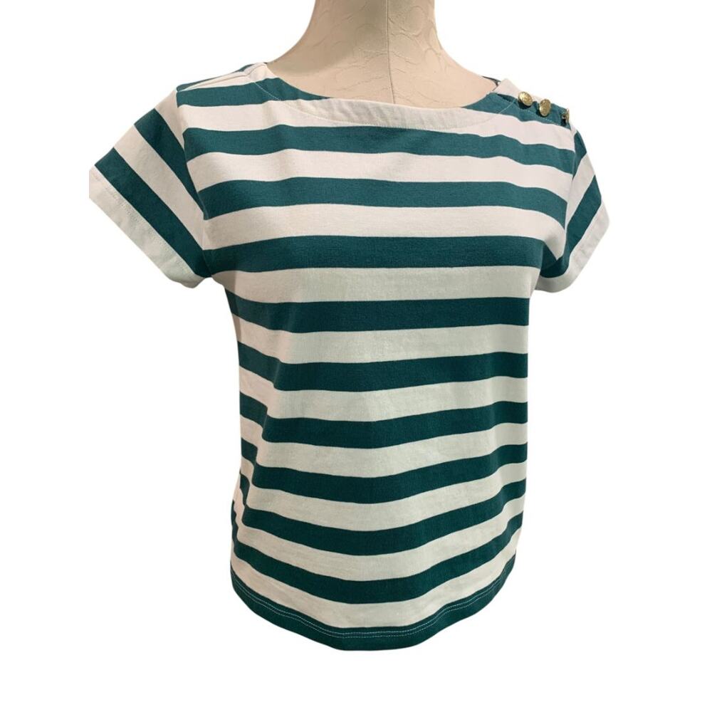 Size XS J.Crew Womens‎ Striped Button Shoulder BoatNeck Tshirt CA964
